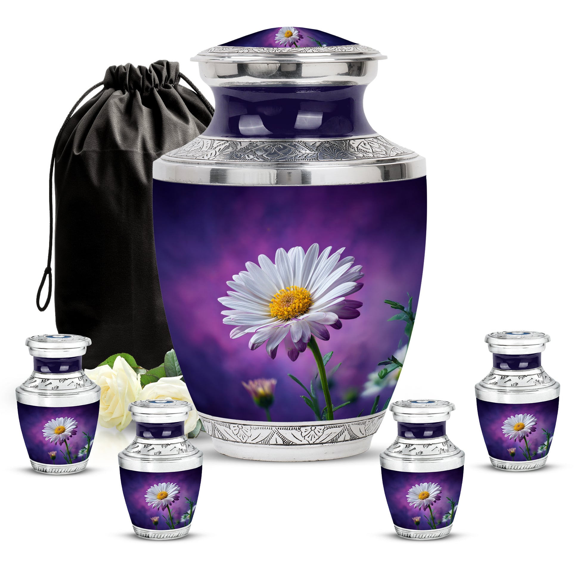 Royal Purple Daisy Cremation Urn lifestyle display on memorial shelf - stylized abstract daisy pattern with bold lines - memorial set with one large and four small urns