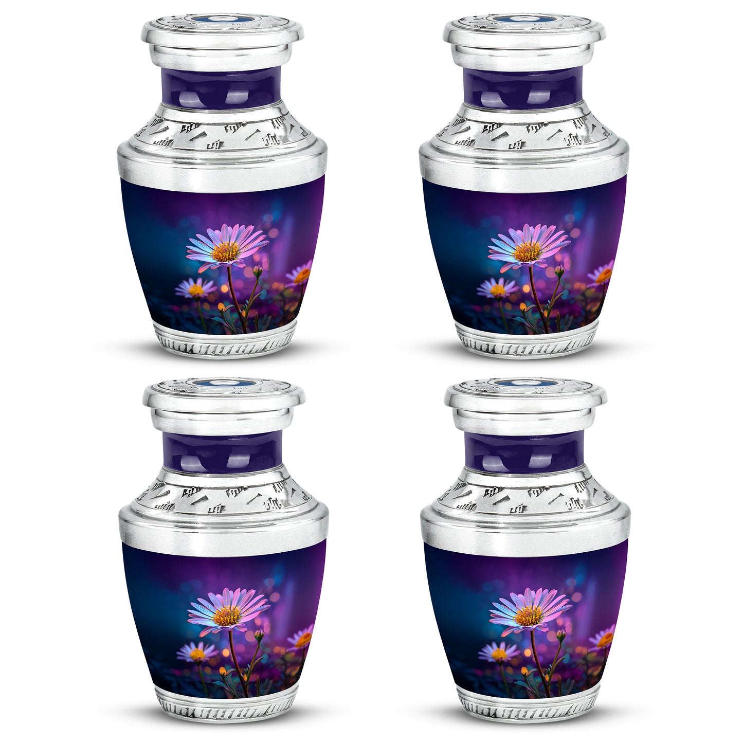 Deep Purple Daisy Cremation Urn back view with polished surface - contemporary daisy design with modern artistic flair - 10 inch aluminum urn for cremated remains