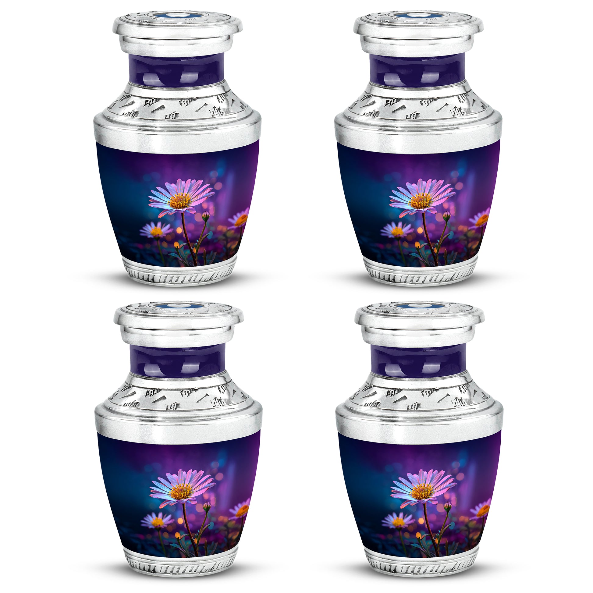 Deep Purple Daisy Cremation Urn back view with polished surface - contemporary daisy design with modern artistic flair - 10 inch aluminum urn for cremated remains