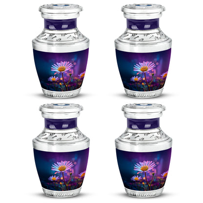 Deep Purple Daisy Cremation Urn back view with polished surface - contemporary daisy design with modern artistic flair - 10 inch aluminum urn for cremated remains