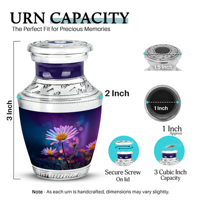 Twilight Purple Daisy Cremation Urn top-down view of secure threaded lid - stylized abstract daisy pattern with bold lines - mini keepsake memorial for portion of cremation ashes