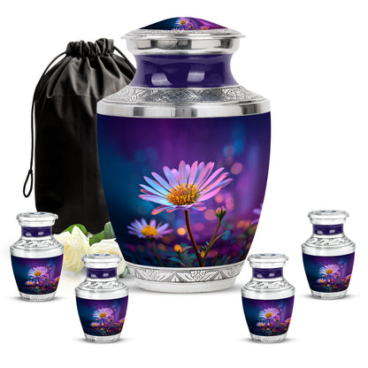 Deep Purple Daisy Cremation Urn lifestyle display on memorial shelf - modern art-inspired daisy motif on sleek aluminum - memorial set with one large and four small urns