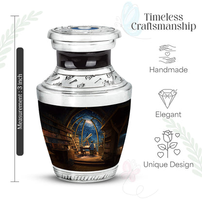 Bright Blue Angel Cremation Urn detail view angle 22 - stylized abstract angel pattern with bold lines - mini keepsake memorial for portion of cremation ashes