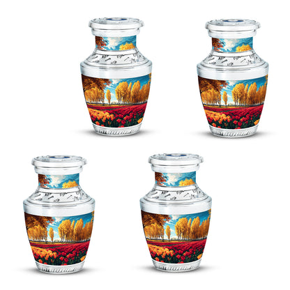 Aqua Teal Garden Tulip Cremation Urn back view with polished surface - stylized abstract garden tulip pattern with bold lines - 10 inch aluminum urn for cremated remains