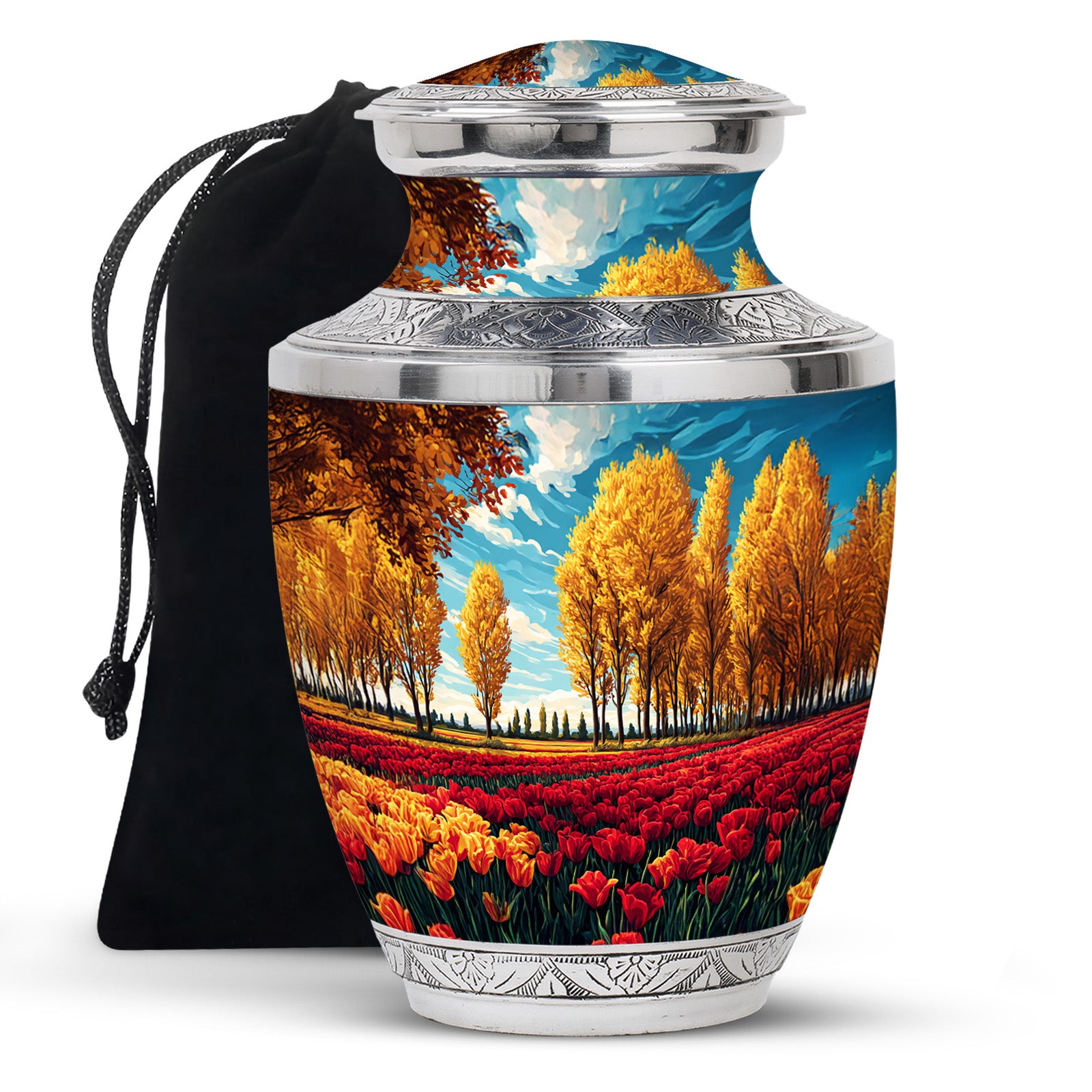 Vivid Teal Garden Tulip Cremation Urn side profile showing urn shape - stylized abstract garden tulip pattern with bold lines - full-size 10 inch 200 cubic inch adult cremation urn