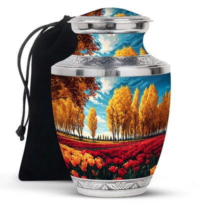 Vivid Teal Garden Tulip Cremation Urn side profile showing urn shape - stylized abstract garden tulip pattern with bold lines - full-size 10 inch 200 cubic inch adult cremation urn
