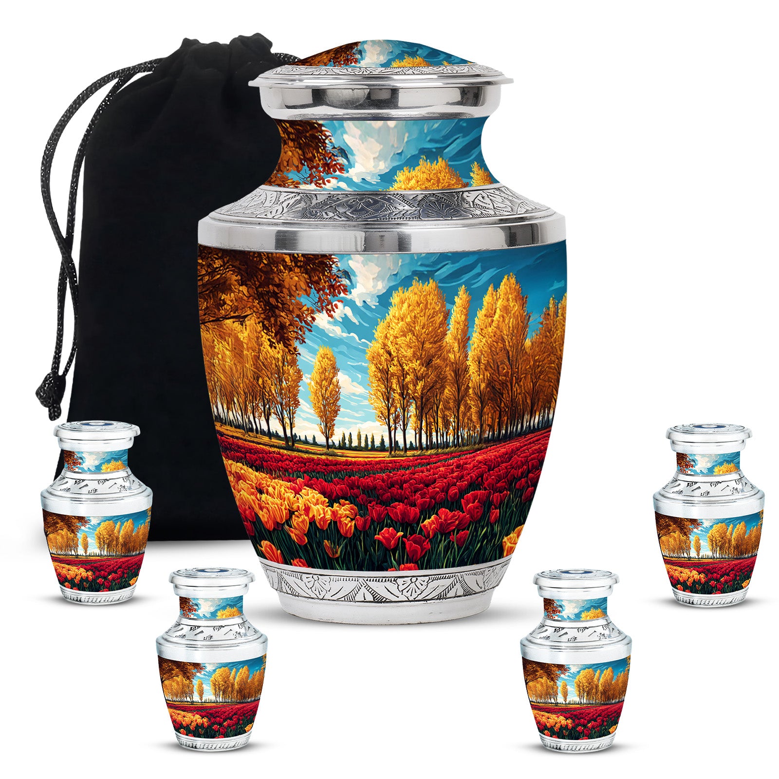 Deep Teal Garden Tulip Cremation Urn lifestyle display on memorial shelf - stylized abstract garden tulip pattern with bold lines - memorial set with one large and four small urns