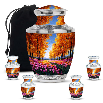 Matte Gold Garden Tulip Cremation Urn lifestyle display on memorial shelf - artistic garden tulip interpretation with creative detail - memorial set with one large and four small urns