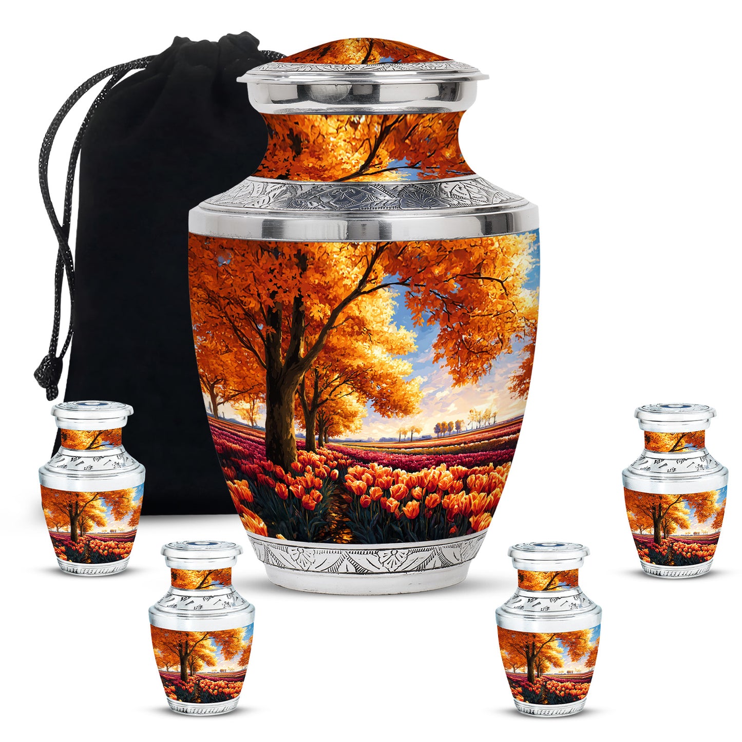 Warm Gold Garden Tulip Cremation Urn lifestyle display on memorial shelf - artistic garden tulip interpretation with creative detail - memorial set with one large and four small urns
