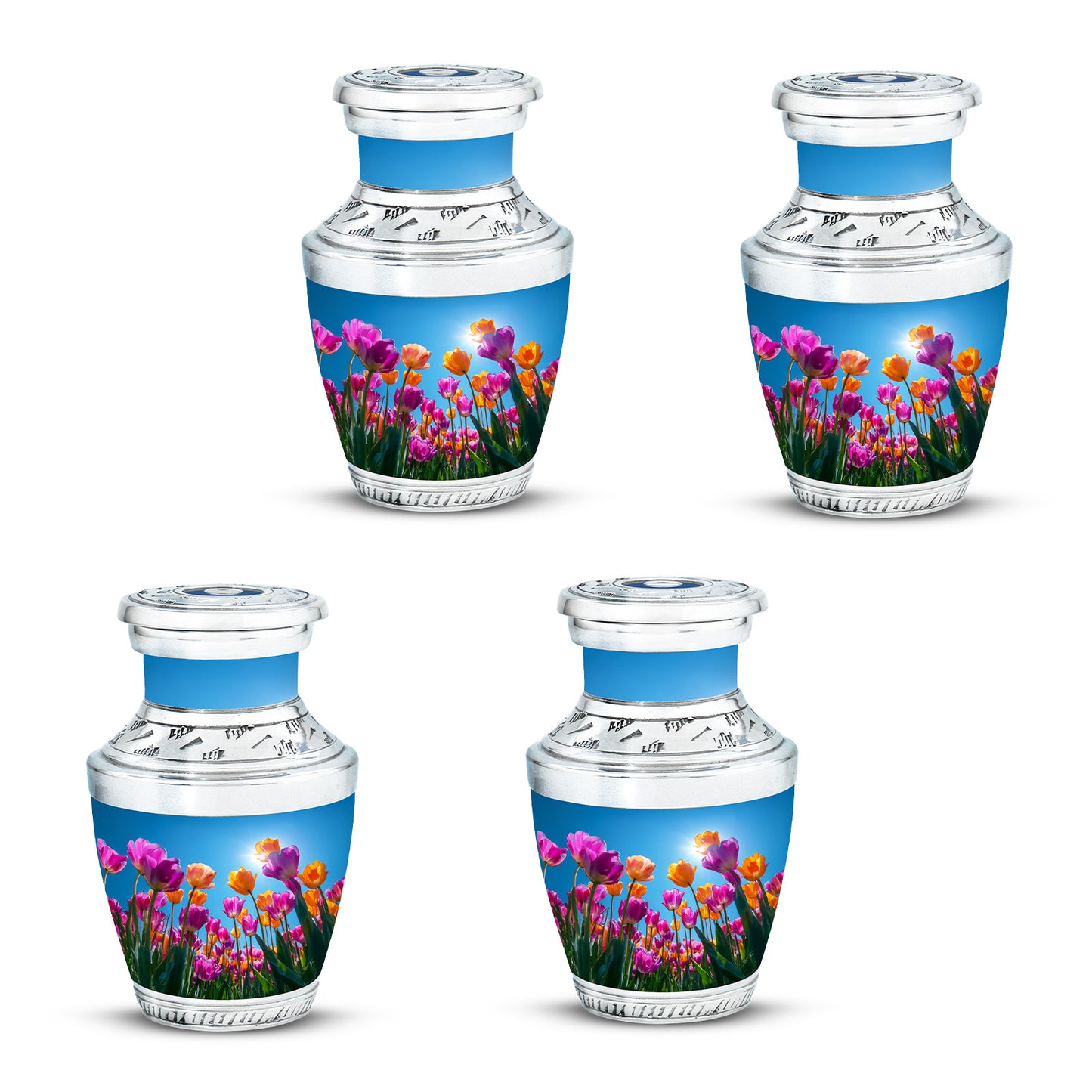 Celestial Blue Garden Tulip Cremation Urn back view with polished surface - modern art-inspired garden tulip motif on sleek aluminum - 10 inch aluminum urn for cremated remains