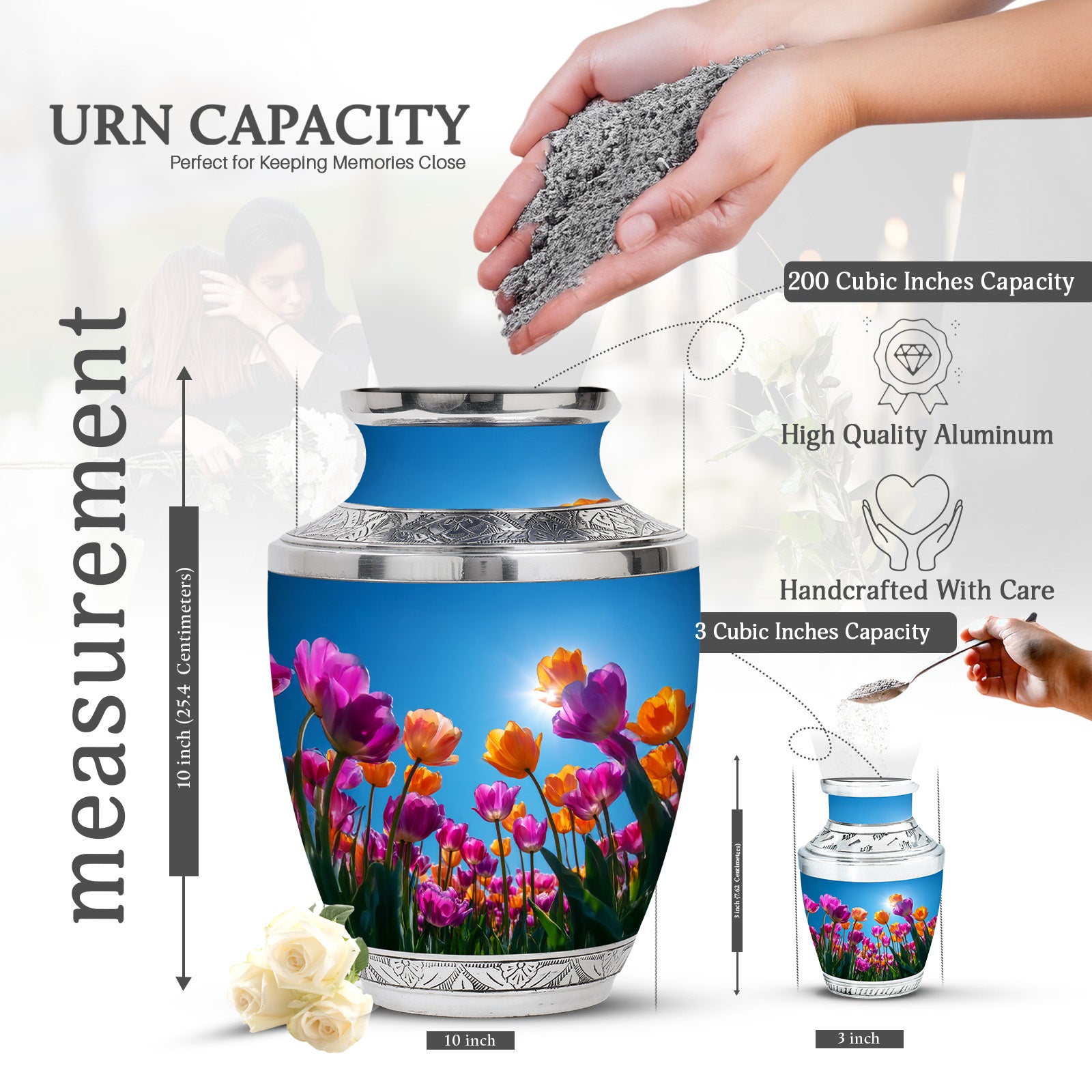 Royal Blue Garden Tulip Cremation Urn top-down view of secure threaded lid - artistic garden tulip interpretation with creative detail - mini keepsake memorial for portion of cremation ashes