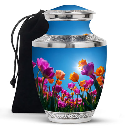 Calming Blue Garden Tulip Cremation Urn side profile showing urn shape - stylized abstract garden tulip pattern with bold lines - full-size 10 inch 200 cubic inch adult cremation urn
