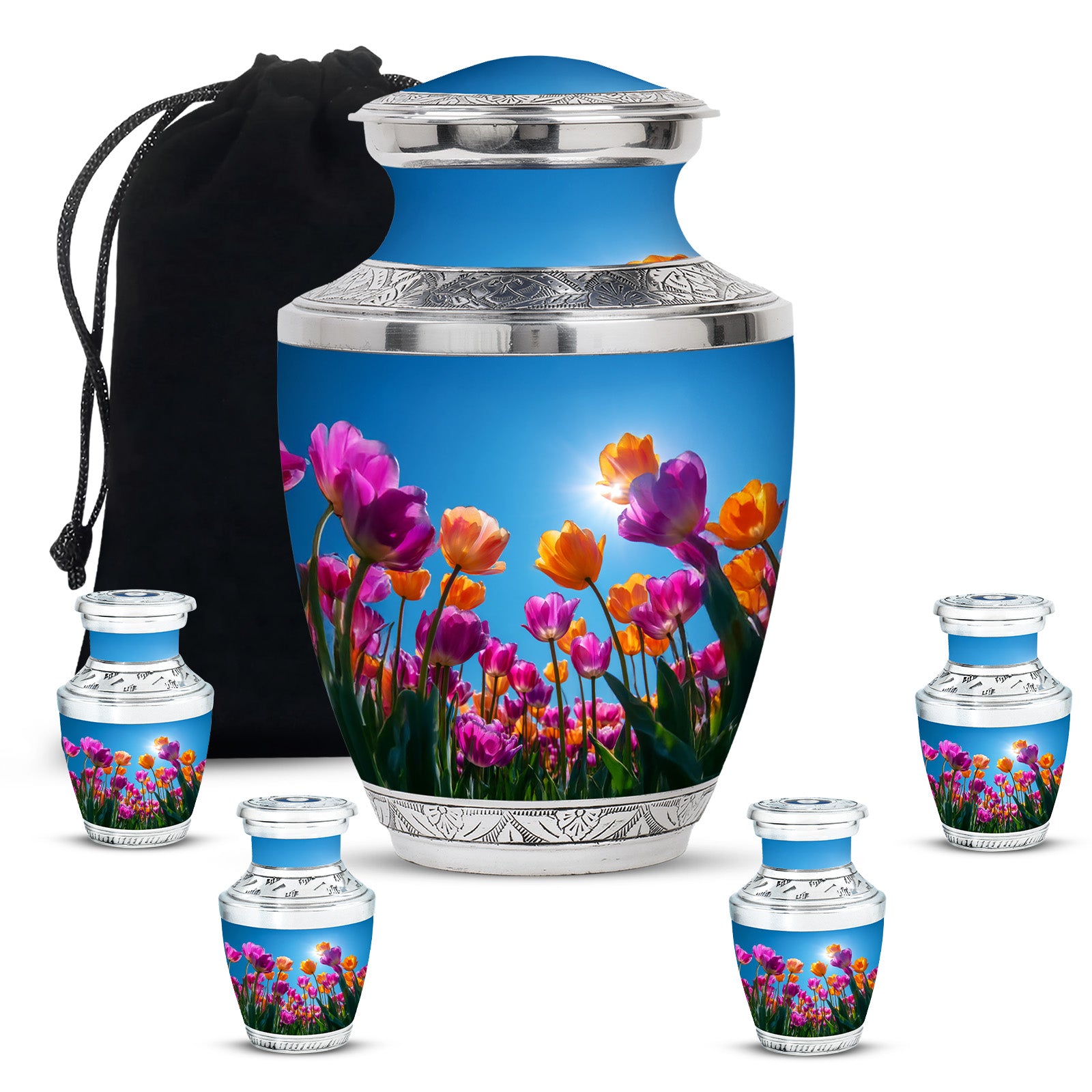 Dusty Blue Garden Tulip Cremation Urn lifestyle display on memorial shelf - contemporary garden tulip design with modern artistic flair - memorial set with one large and four small urns
