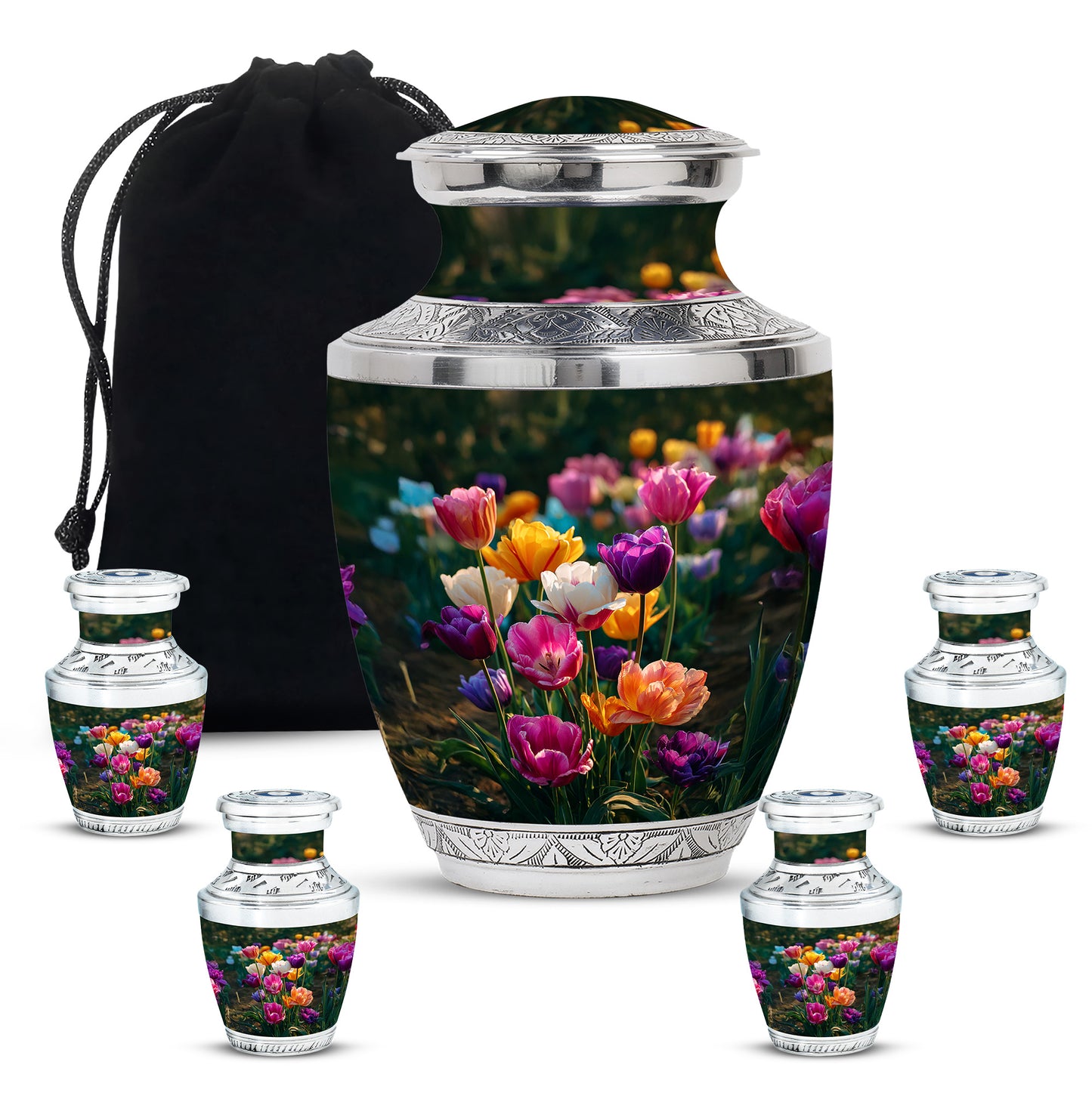 Emerald Green Garden Tulip Cremation Urn lifestyle display on memorial shelf - modern art-inspired garden tulip motif on sleek aluminum - memorial set with one large and four small urns