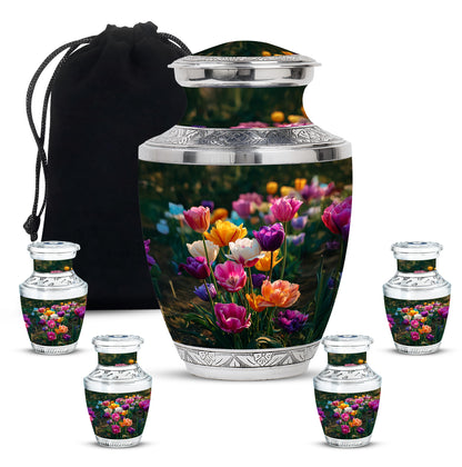 Emerald Green Garden Tulip Cremation Urn lifestyle display on memorial shelf - modern art-inspired garden tulip motif on sleek aluminum - memorial set with one large and four small urns
