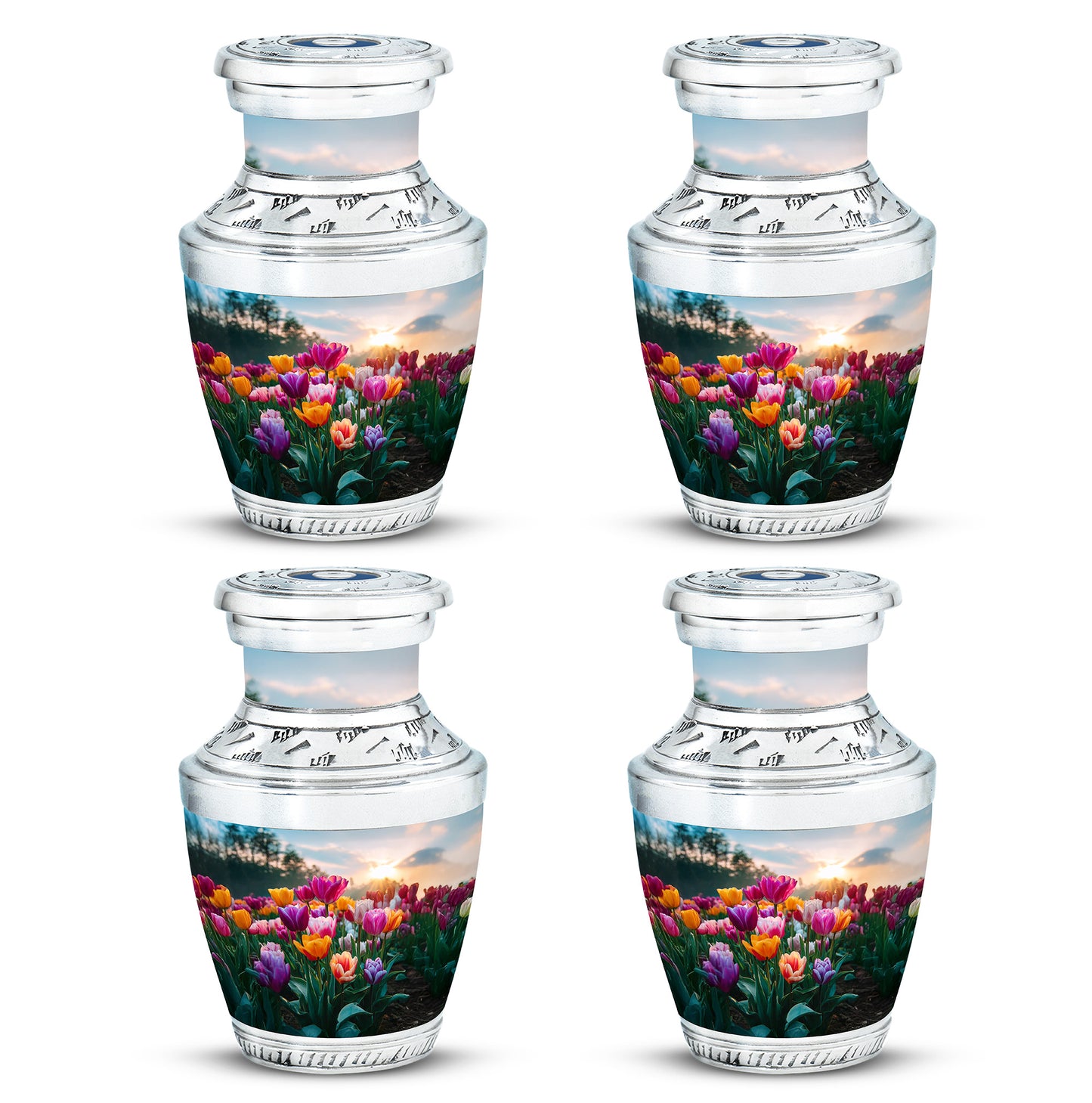 Indigo Garden Tulip Cremation Urn back view with polished surface - modern art-inspired garden tulip motif on sleek aluminum - 10 inch aluminum urn for cremated remains