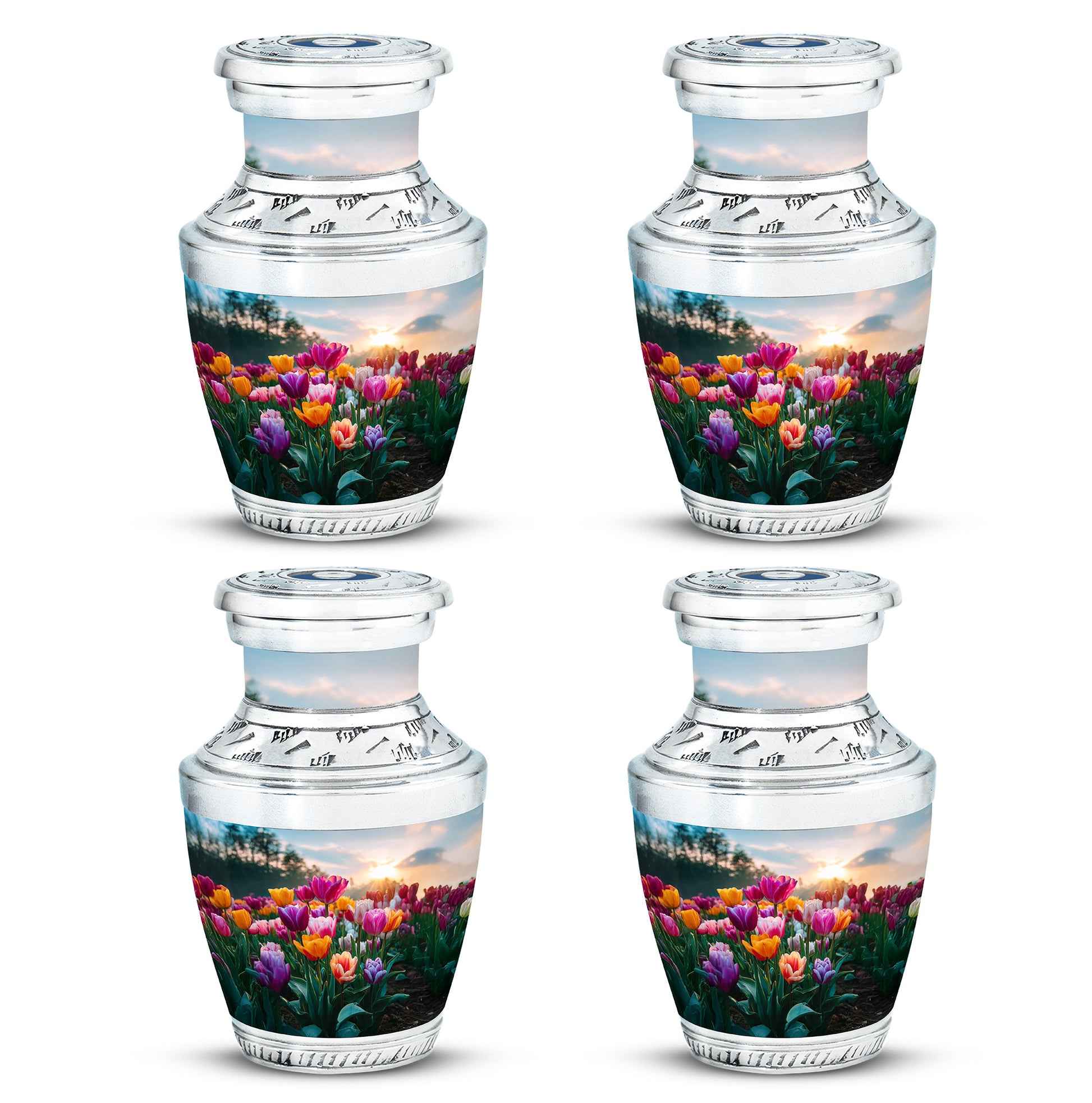 Indigo Garden Tulip Cremation Urn back view with polished surface - modern art-inspired garden tulip motif on sleek aluminum - 10 inch aluminum urn for cremated remains