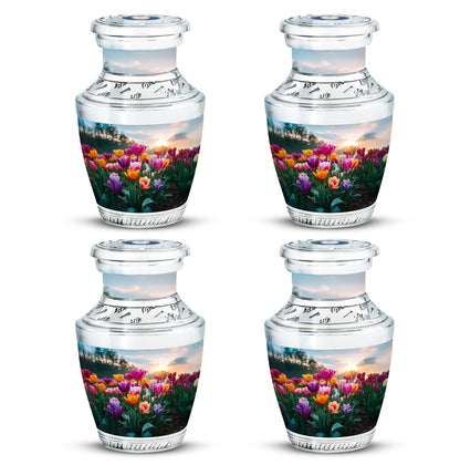 Indigo Garden Tulip Cremation Urn back view with polished surface - modern art-inspired garden tulip motif on sleek aluminum - 10 inch aluminum urn for cremated remains