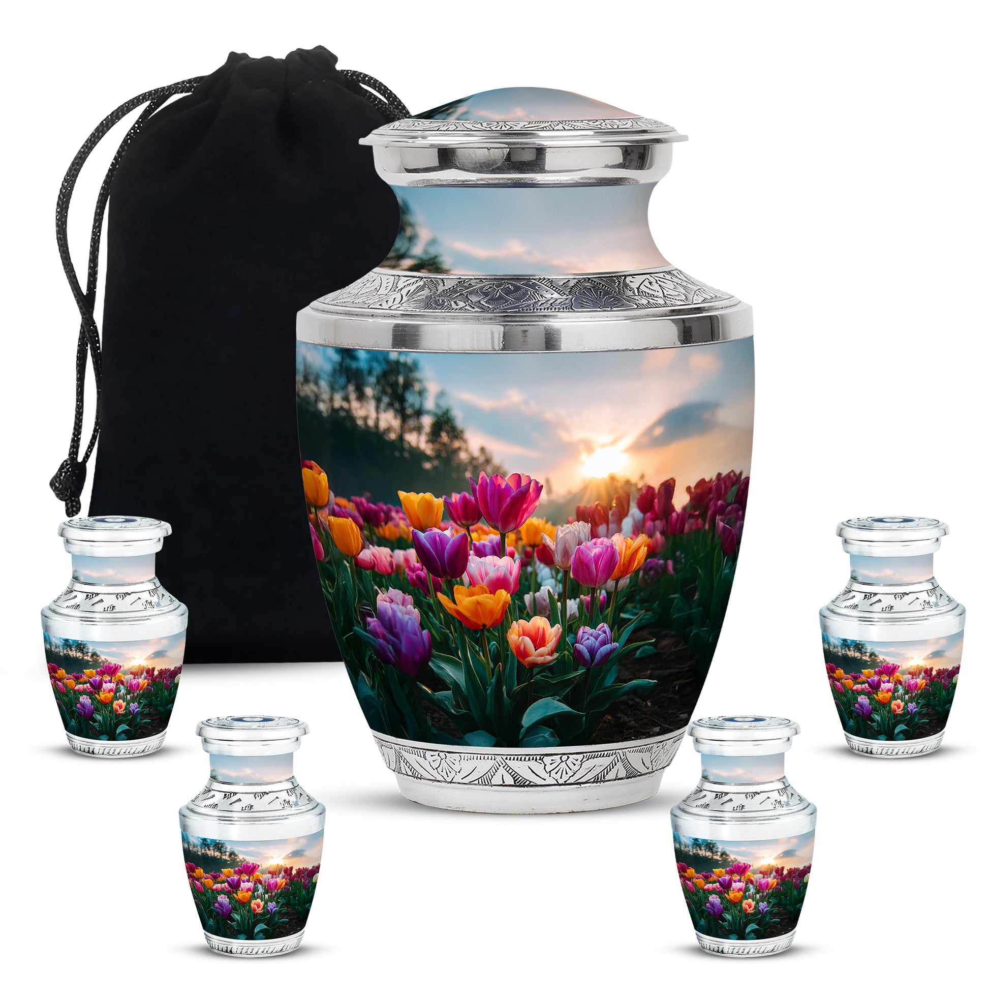 Indigo Garden Tulip Cremation Urn lifestyle display on memorial shelf - modern art-inspired garden tulip motif on sleek aluminum - memorial set with one large and four small urns