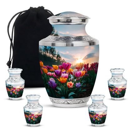 Indigo Garden Tulip Cremation Urn lifestyle display on memorial shelf - modern art-inspired garden tulip motif on sleek aluminum - memorial set with one large and four small urns