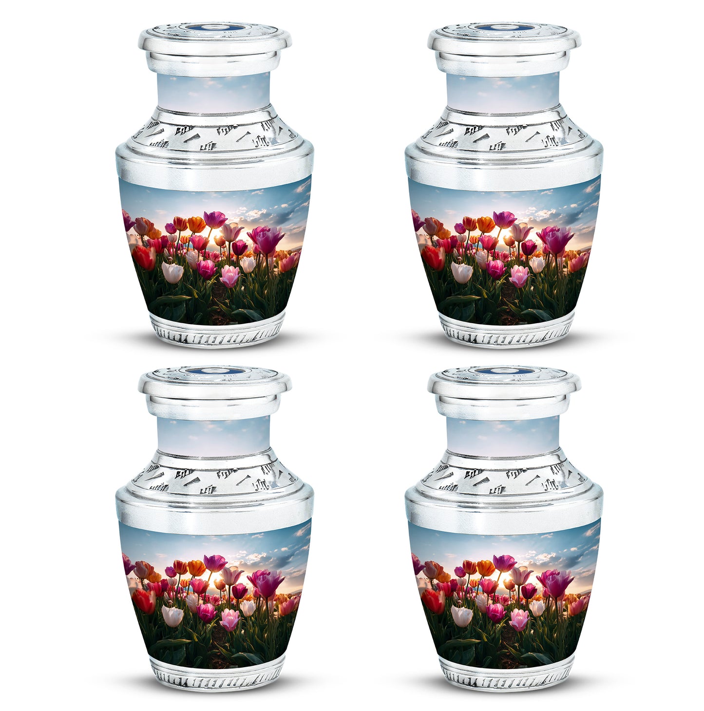 Slate Blue Garden Tulip Cremation Urn back view with polished surface - modern art-inspired garden tulip motif on sleek aluminum - 10 inch aluminum urn for cremated remains