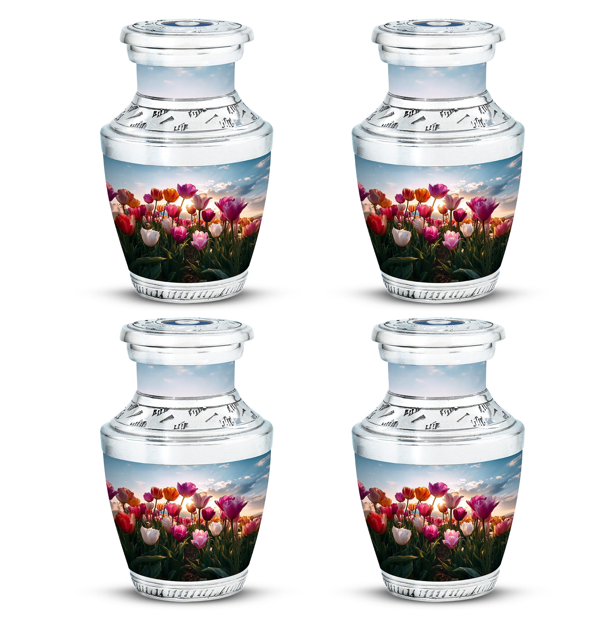 Slate Blue Garden Tulip Cremation Urn back view with polished surface - modern art-inspired garden tulip motif on sleek aluminum - 10 inch aluminum urn for cremated remains