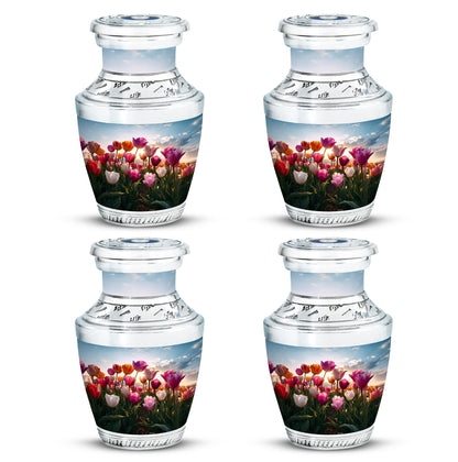 Slate Blue Garden Tulip Cremation Urn back view with polished surface - modern art-inspired garden tulip motif on sleek aluminum - 10 inch aluminum urn for cremated remains