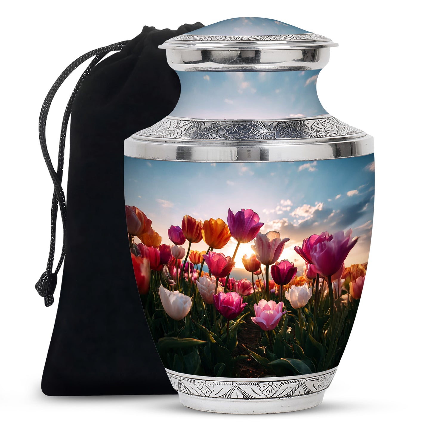 Celestial Blue Garden Tulip Cremation Urn side profile showing urn shape - contemporary garden tulip design with modern artistic flair - full-size 10 inch 200 cubic inch adult cremation urn