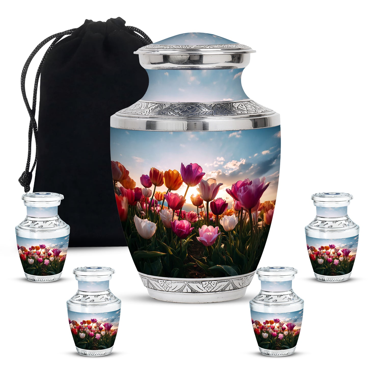 Cobalt Blue Garden Tulip Cremation Urn lifestyle display on memorial shelf - stylized abstract garden tulip pattern with bold lines - memorial set with one large and four small urns