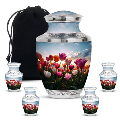 Cobalt Blue Garden Tulip Cremation Urn lifestyle display on memorial shelf - stylized abstract garden tulip pattern with bold lines - memorial set with one large and four small urns