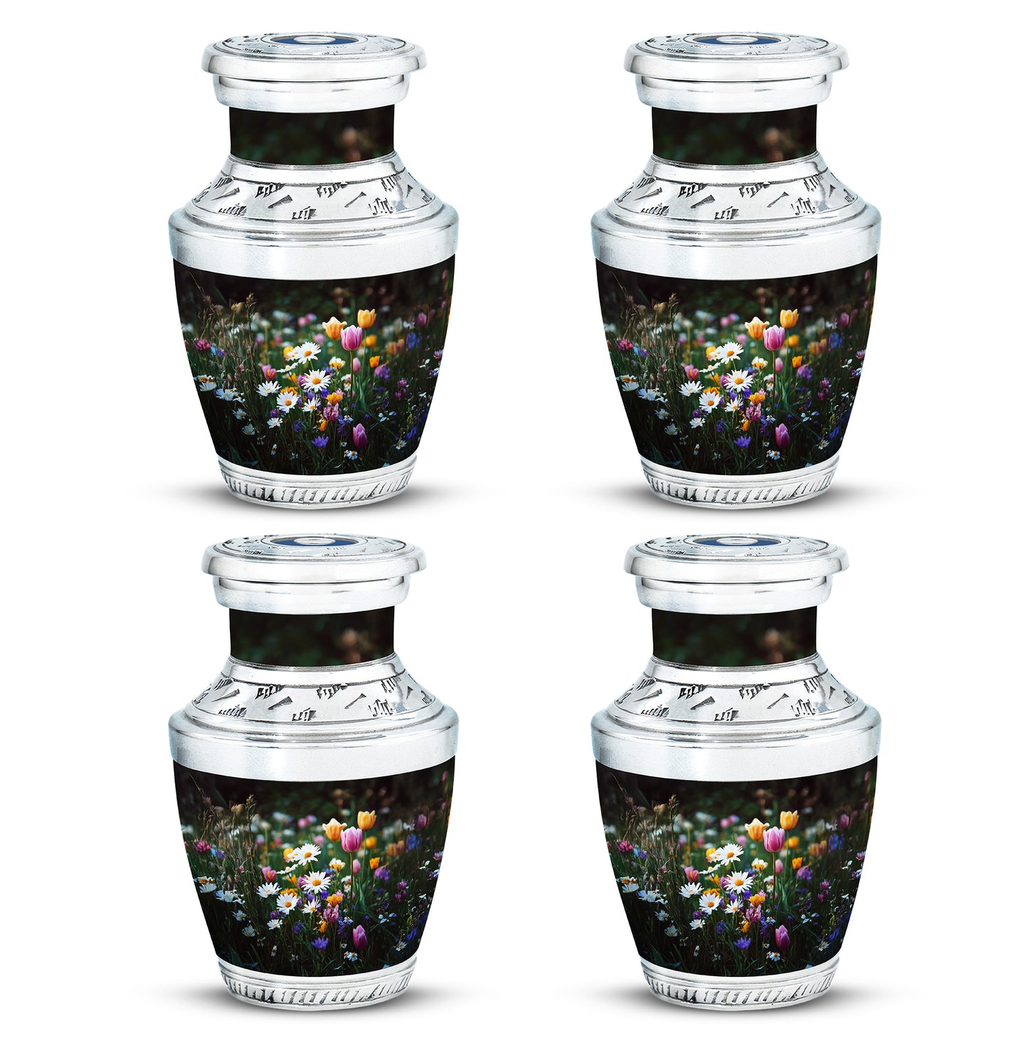 Rich Black Garden Tulip Cremation Urn back view with polished surface - modern art-inspired garden tulip motif on sleek aluminum - 10 inch aluminum urn for cremated remains