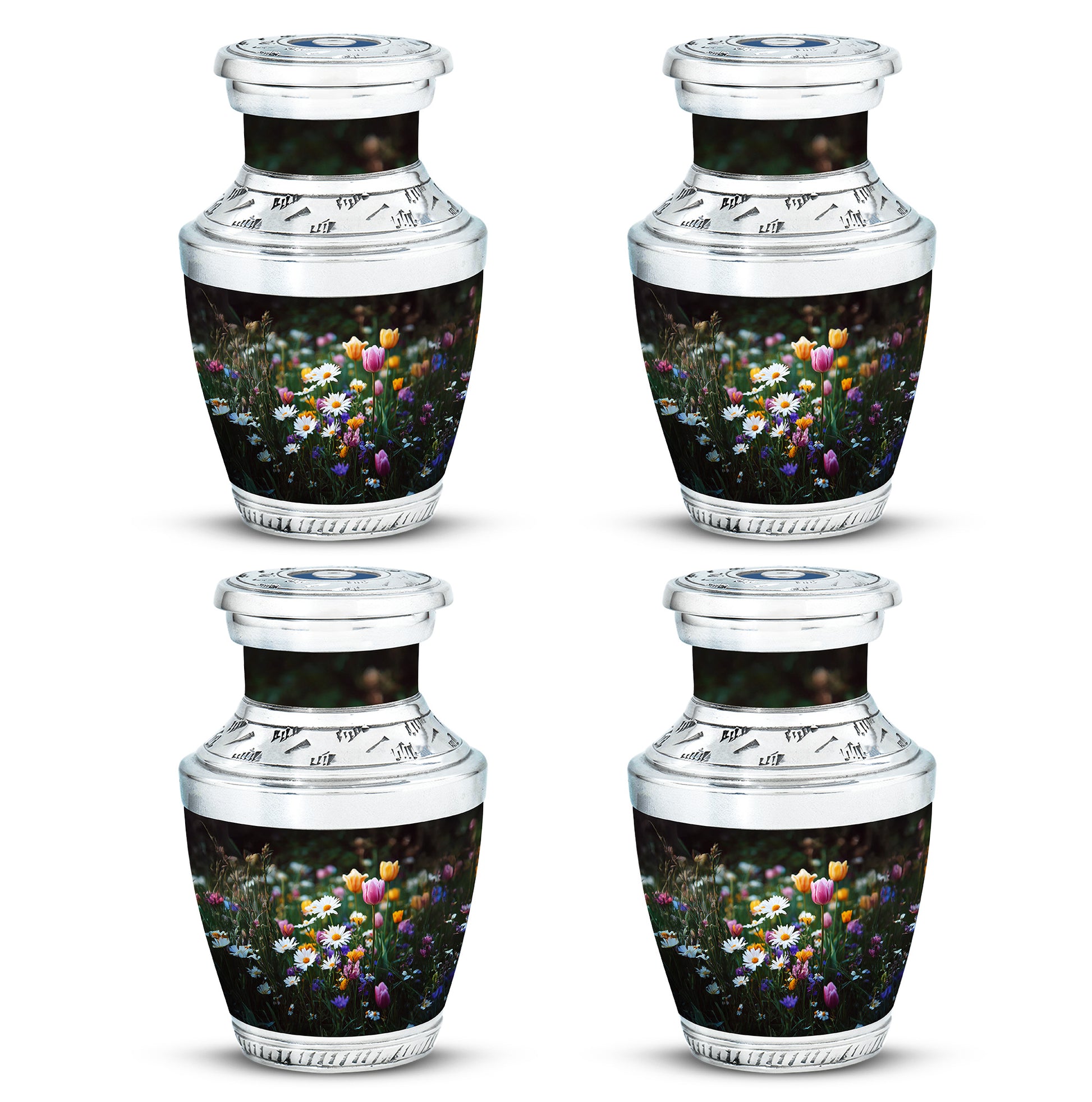 Rich Black Garden Tulip Cremation Urn back view with polished surface - modern art-inspired garden tulip motif on sleek aluminum - 10 inch aluminum urn for cremated remains