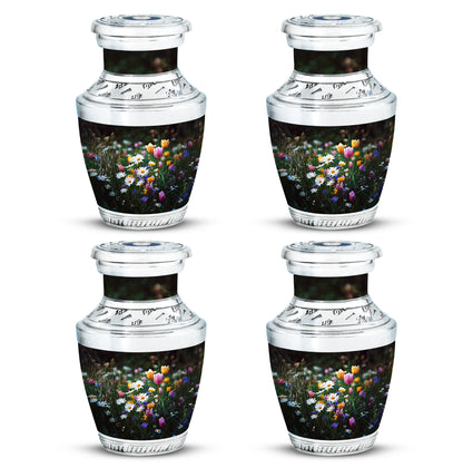 Rich Black Garden Tulip Cremation Urn back view with polished surface - modern art-inspired garden tulip motif on sleek aluminum - 10 inch aluminum urn for cremated remains