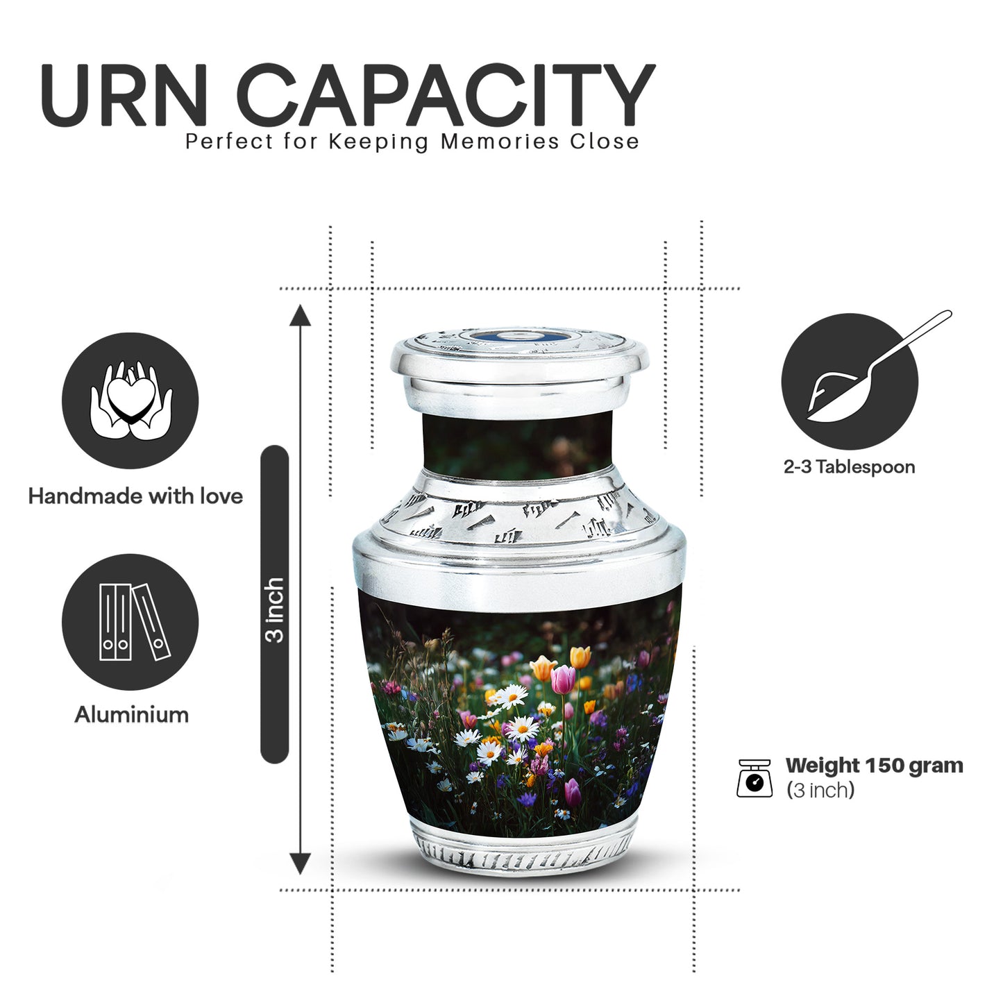 Onyx Black Garden Tulip Cremation Urn top-down view of secure threaded lid - artistic garden tulip interpretation with creative detail - mini keepsake memorial for portion of cremation ashes
