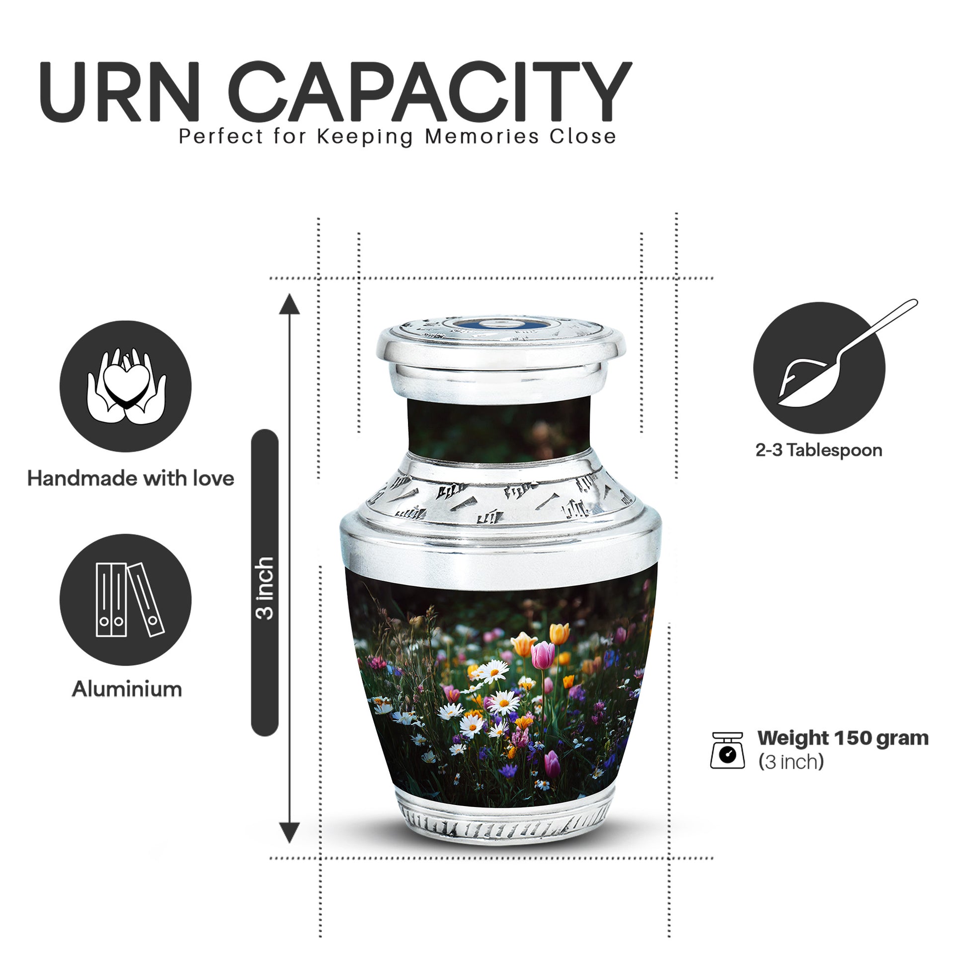 Onyx Black Garden Tulip Cremation Urn top-down view of secure threaded lid - artistic garden tulip interpretation with creative detail - mini keepsake memorial for portion of cremation ashes