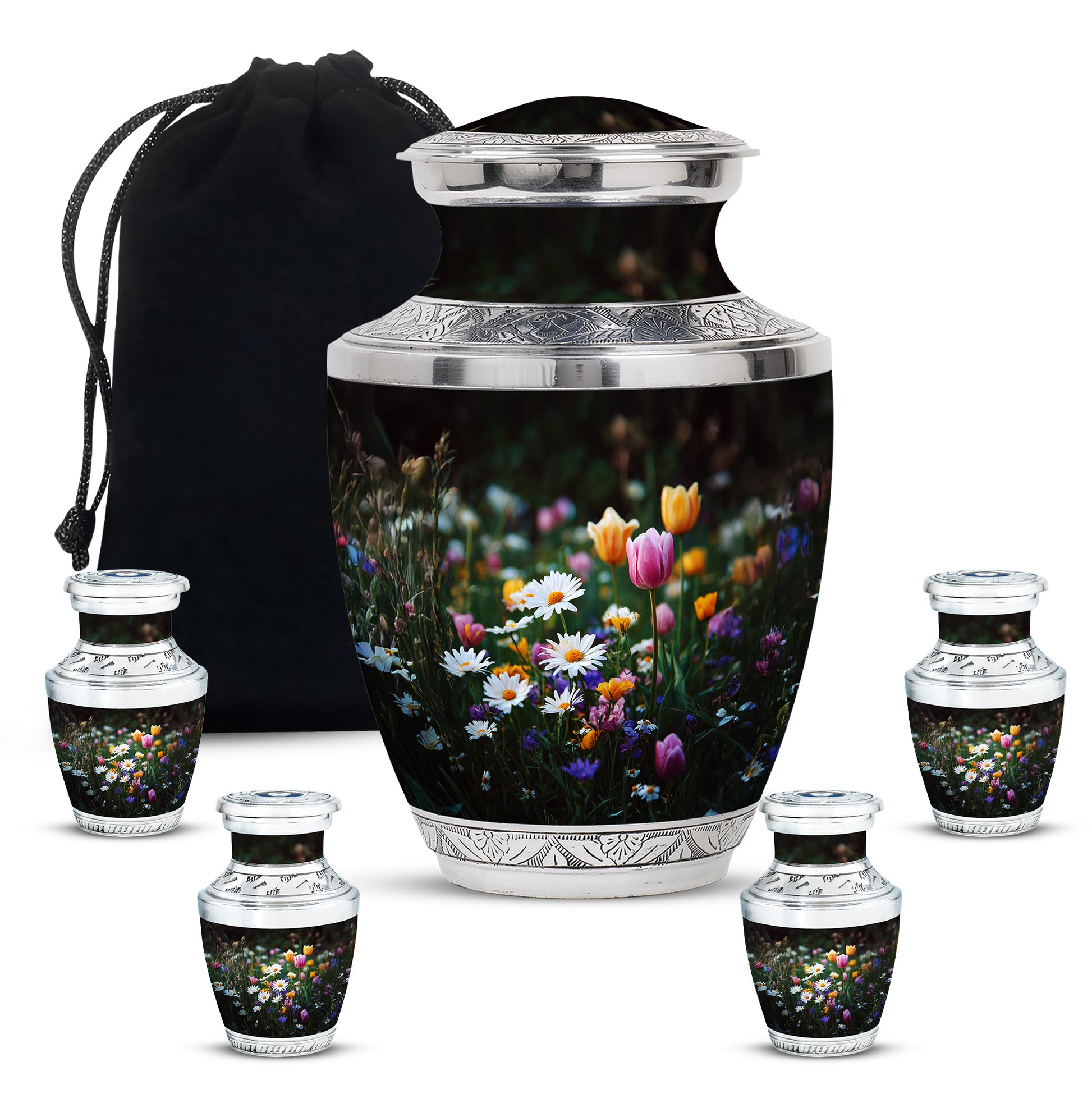 Charcoal Black Garden Tulip Cremation Urn lifestyle display on memorial shelf - stylized abstract garden tulip pattern with bold lines - memorial set with one large and four small urns