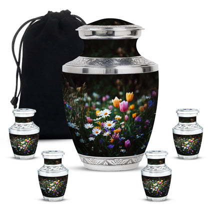 Charcoal Black Garden Tulip Cremation Urn lifestyle display on memorial shelf - stylized abstract garden tulip pattern with bold lines - memorial set with one large and four small urns