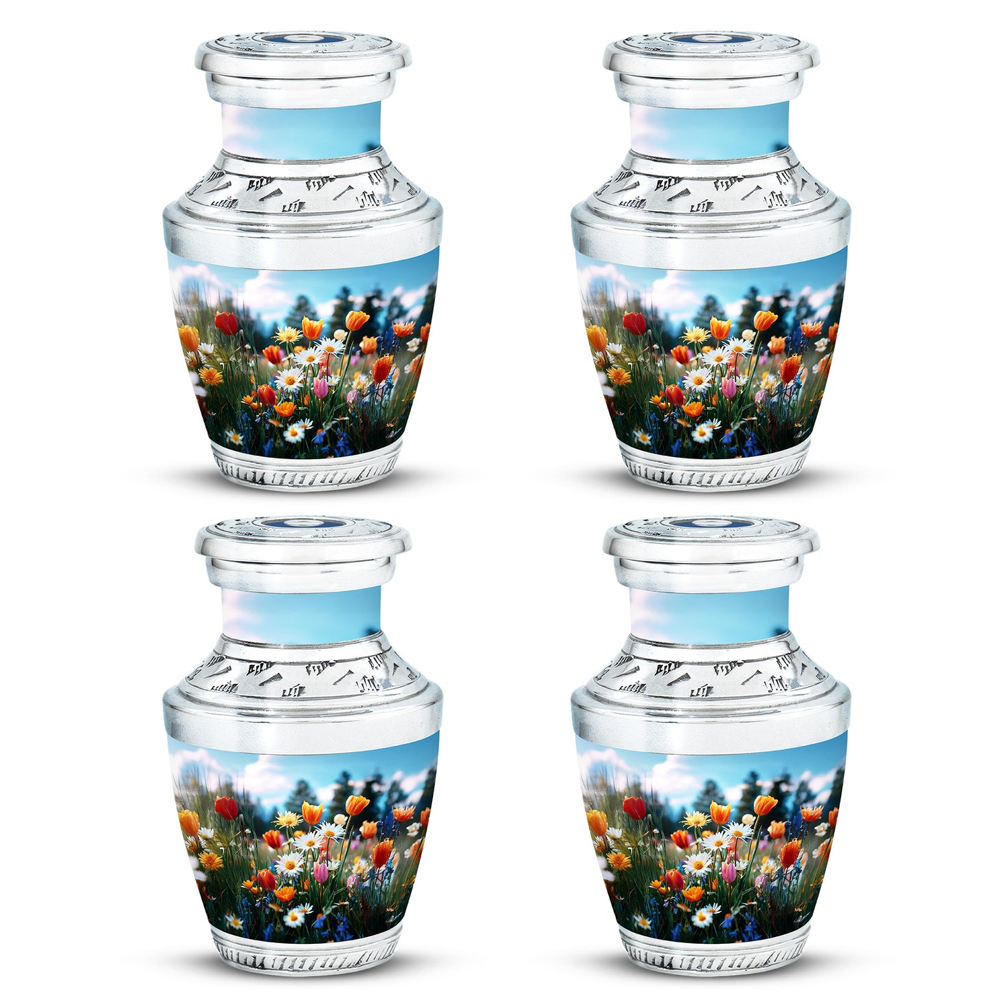Sapphire Blue Garden Tulip Cremation Urn back view with polished surface - stylized abstract garden tulip pattern with bold lines - 10 inch aluminum urn for cremated remains
