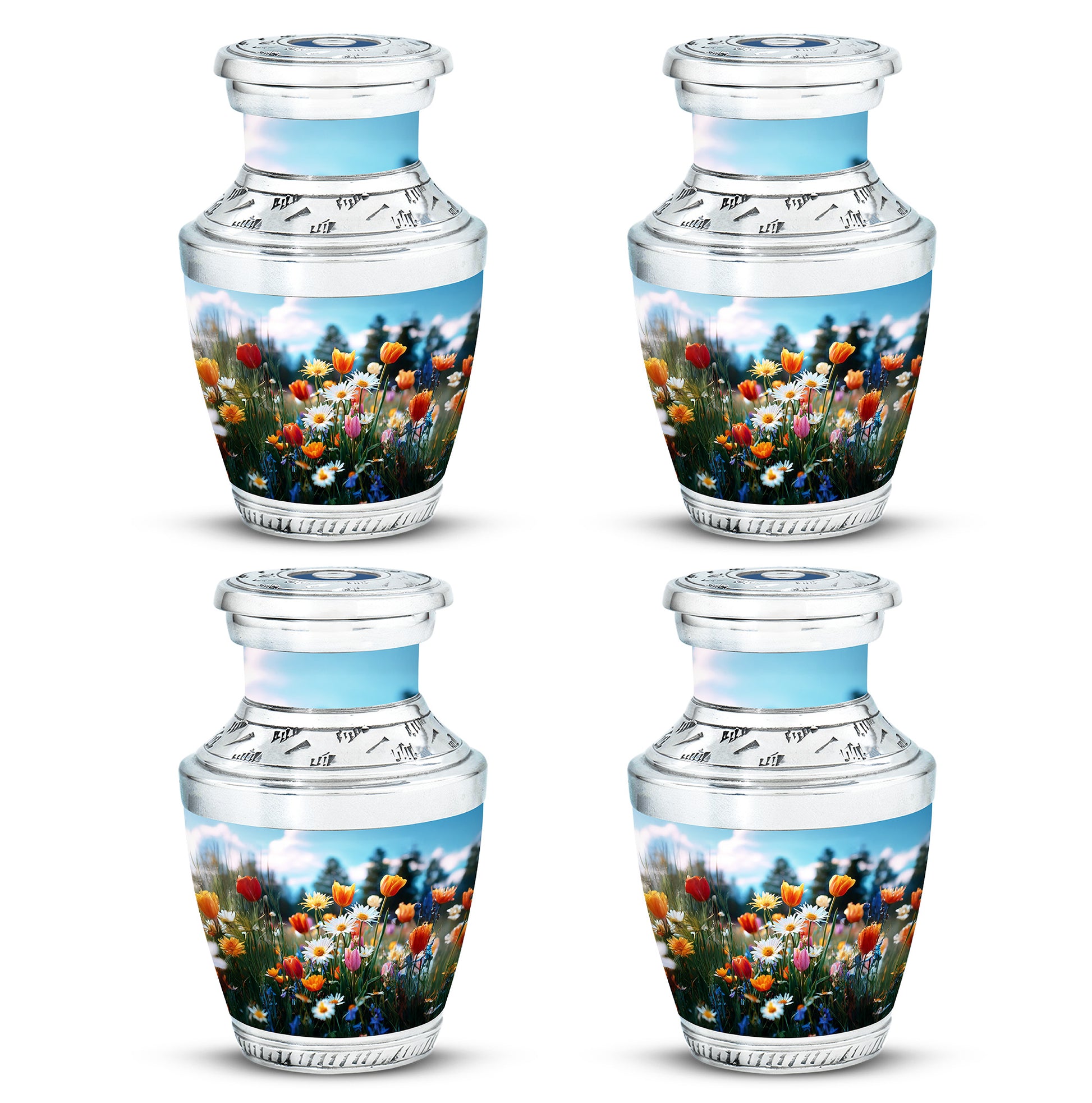 Sapphire Blue Garden Tulip Cremation Urn back view with polished surface - stylized abstract garden tulip pattern with bold lines - 10 inch aluminum urn for cremated remains