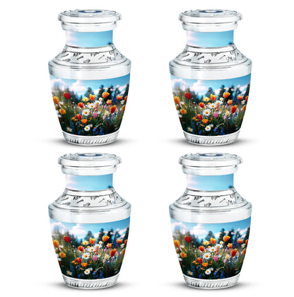 Sapphire Blue Garden Tulip Cremation Urn back view with polished surface - stylized abstract garden tulip pattern with bold lines - 10 inch aluminum urn for cremated remains