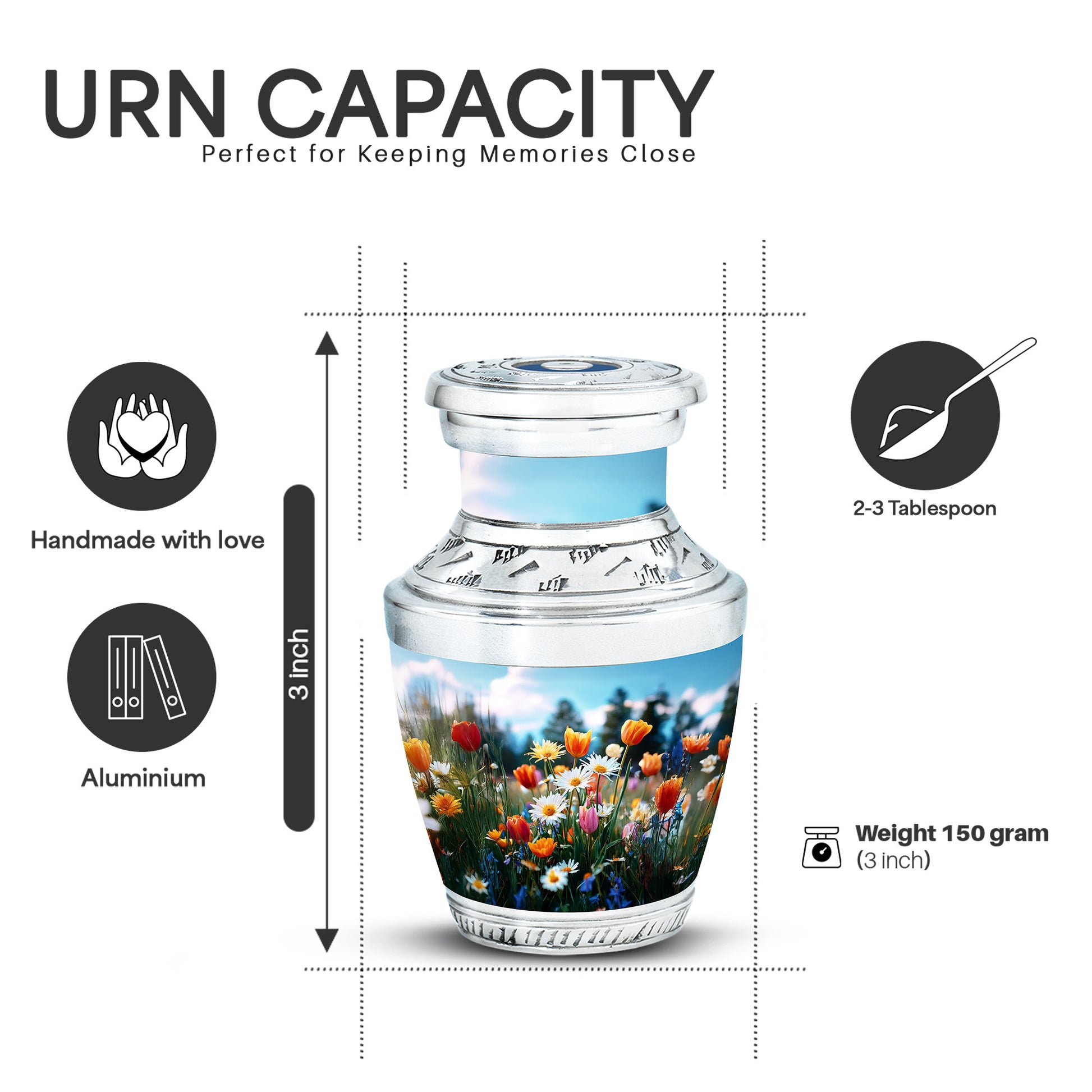 Serene Blue Garden Tulip Cremation Urn top-down view of secure threaded lid - stylized abstract garden tulip pattern with bold lines - mini keepsake memorial for portion of cremation ashes