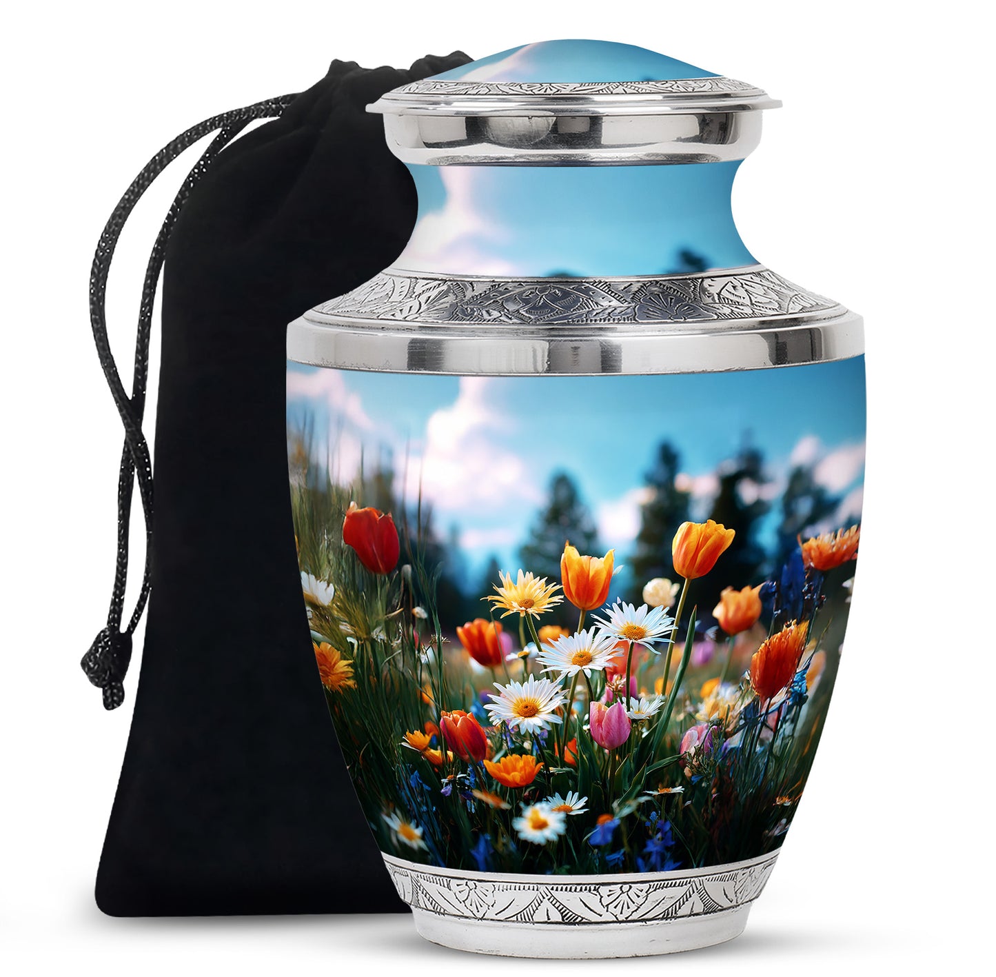 Cobalt Blue Garden Tulip Cremation Urn side profile showing urn shape - artistic garden tulip interpretation with creative detail - full-size 10 inch 200 cubic inch adult cremation urn