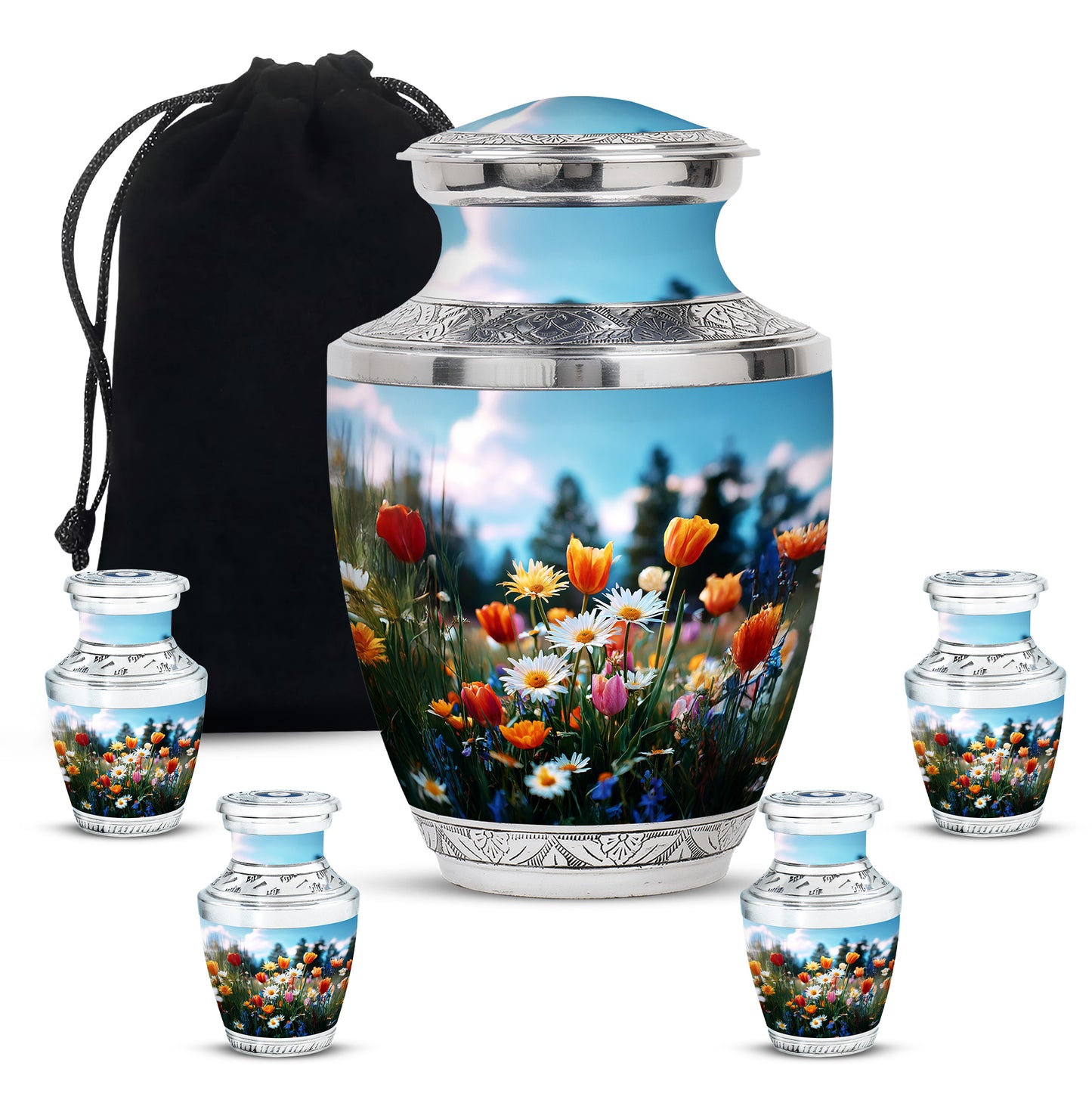 Powder Blue Garden Tulip Cremation Urn lifestyle display on memorial shelf - modern art-inspired garden tulip motif on sleek aluminum - memorial set with one large and four small urns