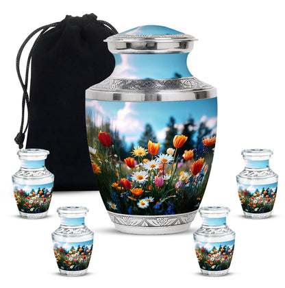 Powder Blue Garden Tulip Cremation Urn lifestyle display on memorial shelf - modern art-inspired garden tulip motif on sleek aluminum - memorial set with one large and four small urns