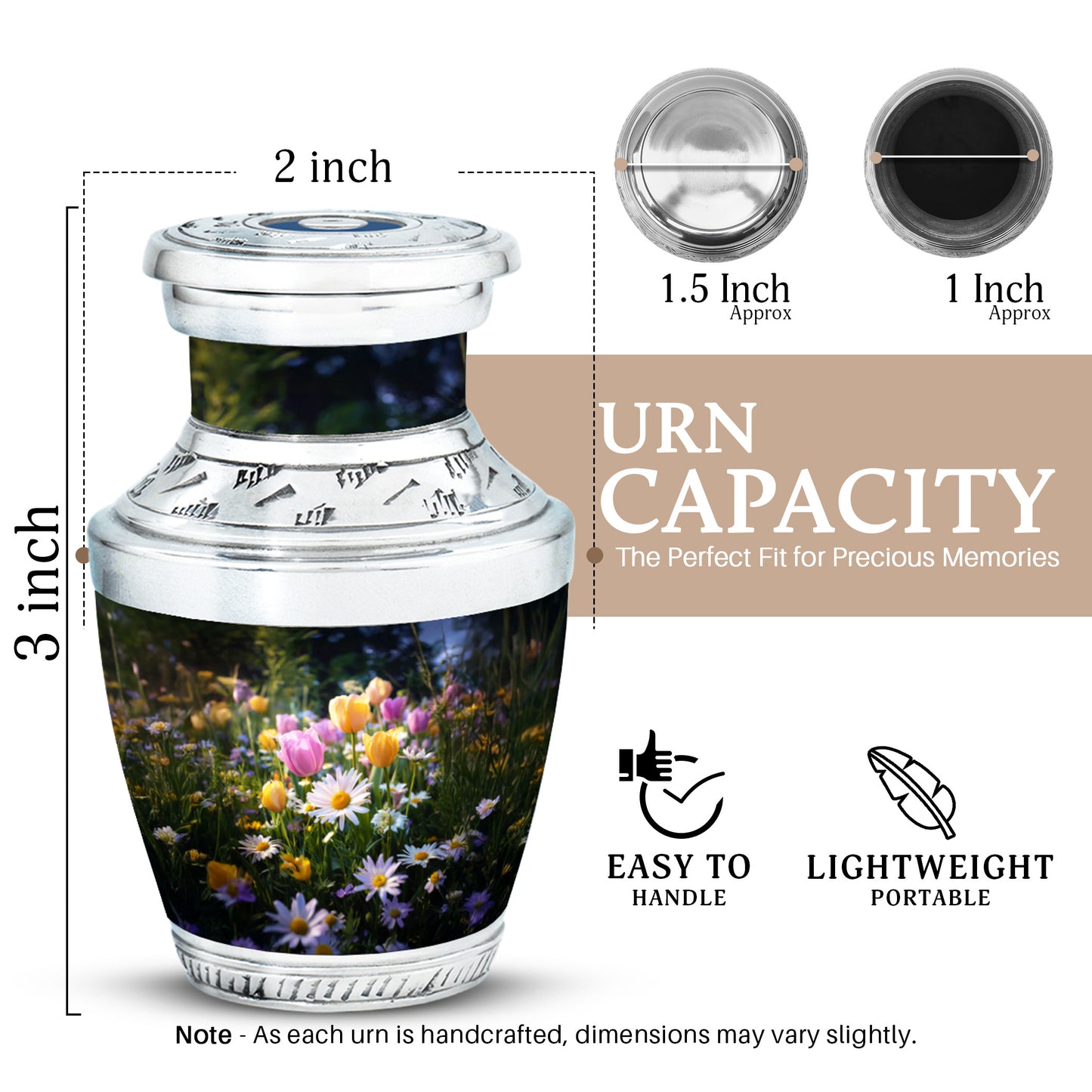 Ebony Garden Tulip Cremation Urn top-down view of secure threaded lid - modern art-inspired garden tulip motif on sleek aluminum - mini keepsake memorial for portion of cremation ashes