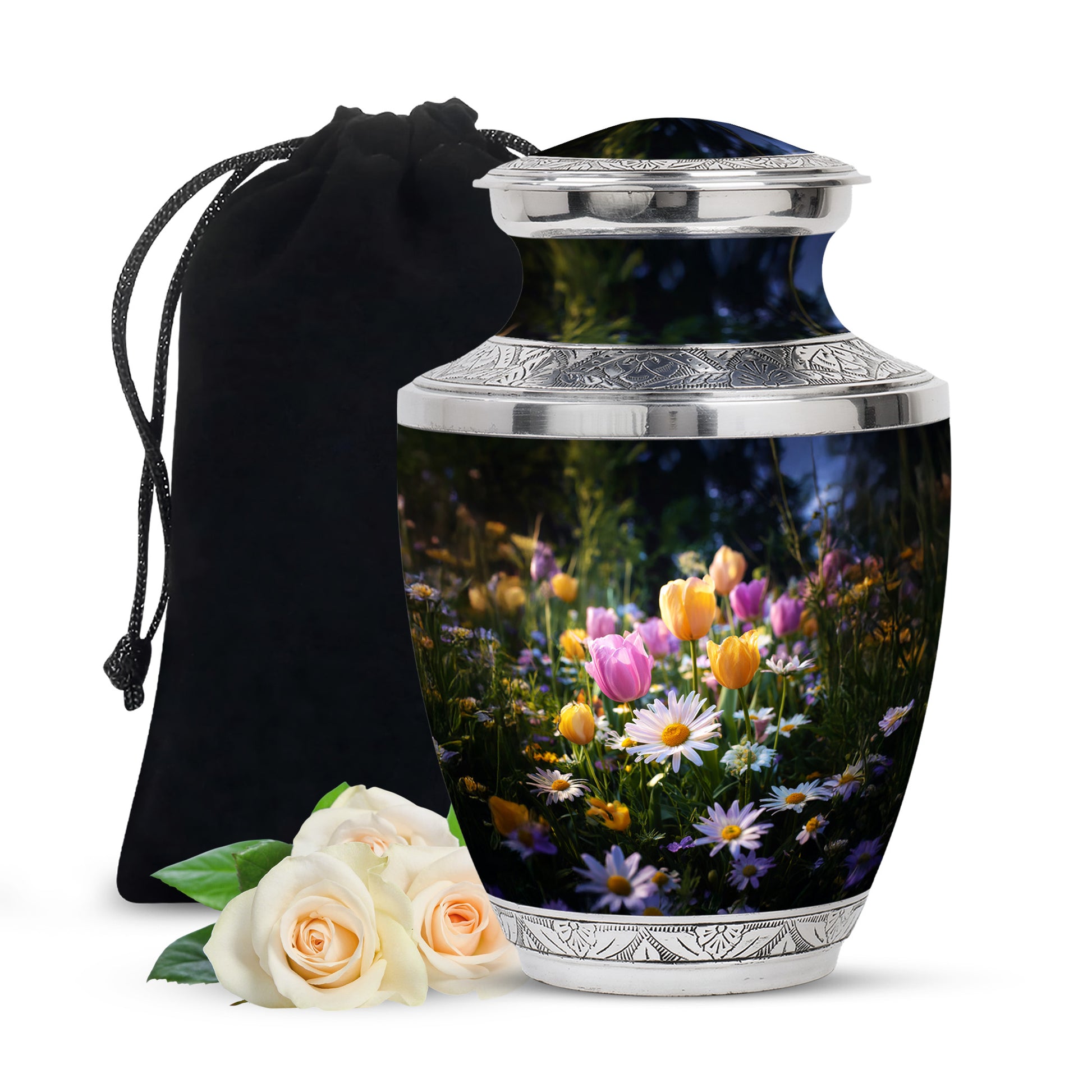 Ebony Garden Tulip Cremation Urn side profile showing urn shape - modern art-inspired garden tulip motif on sleek aluminum - full-size 10 inch 200 cubic inch adult cremation urn