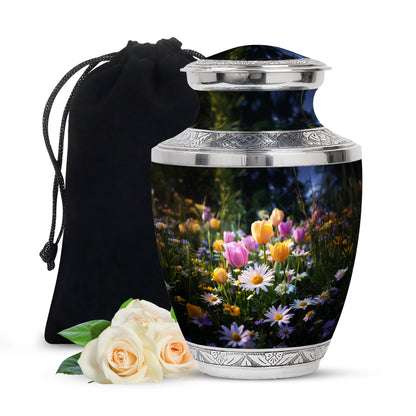 Ebony Garden Tulip Cremation Urn side profile showing urn shape - modern art-inspired garden tulip motif on sleek aluminum - full-size 10 inch 200 cubic inch adult cremation urn