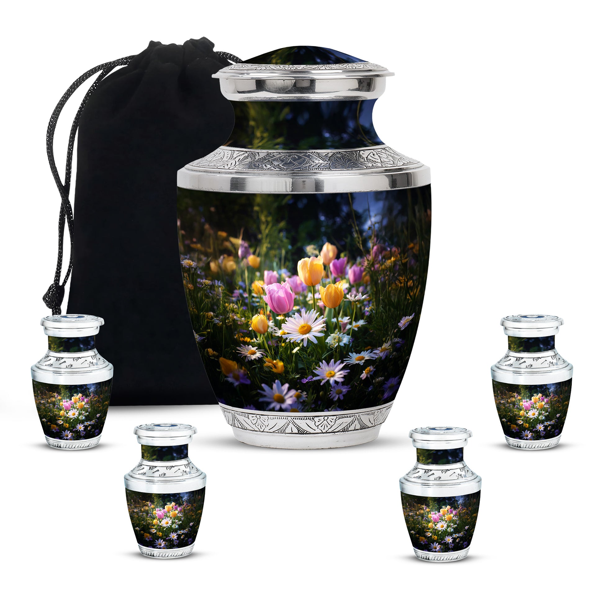 Midnight Black Garden Tulip Cremation Urn lifestyle display on memorial shelf - artistic garden tulip interpretation with creative detail - memorial set with one large and four small urns