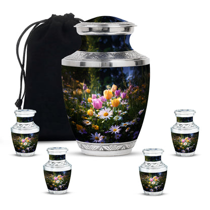 Midnight Black Garden Tulip Cremation Urn lifestyle display on memorial shelf - artistic garden tulip interpretation with creative detail - memorial set with one large and four small urns