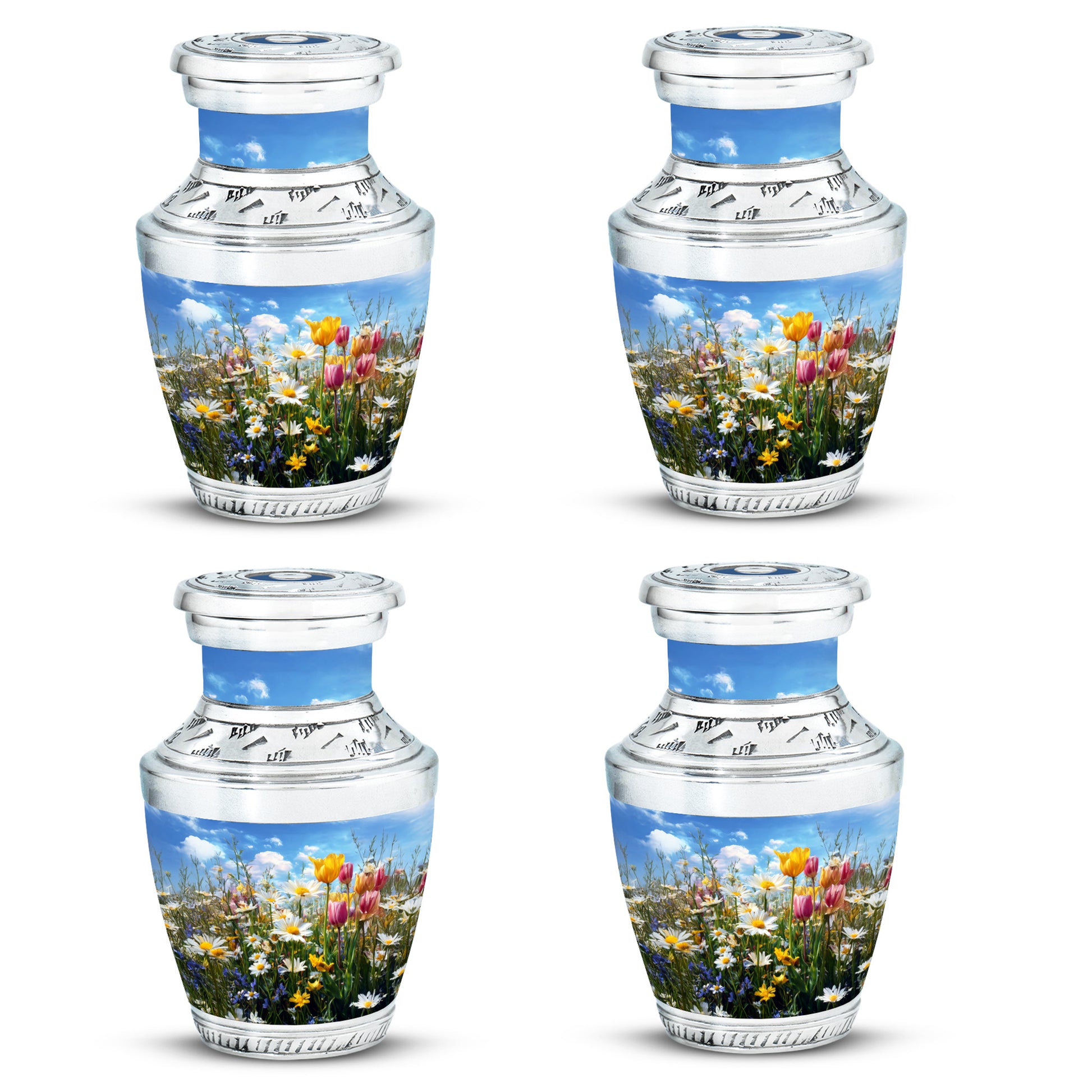 Cobalt Blue Garden Tulip Cremation Urn back view with polished surface - stylized abstract garden tulip pattern with bold lines - 10 inch aluminum urn for cremated remains